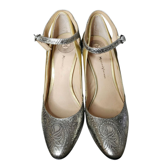 Modern Vintage Heels Size 37 / US 6.5 Gold & Silver Vtg Steampunk Style - Picture 3 of 6